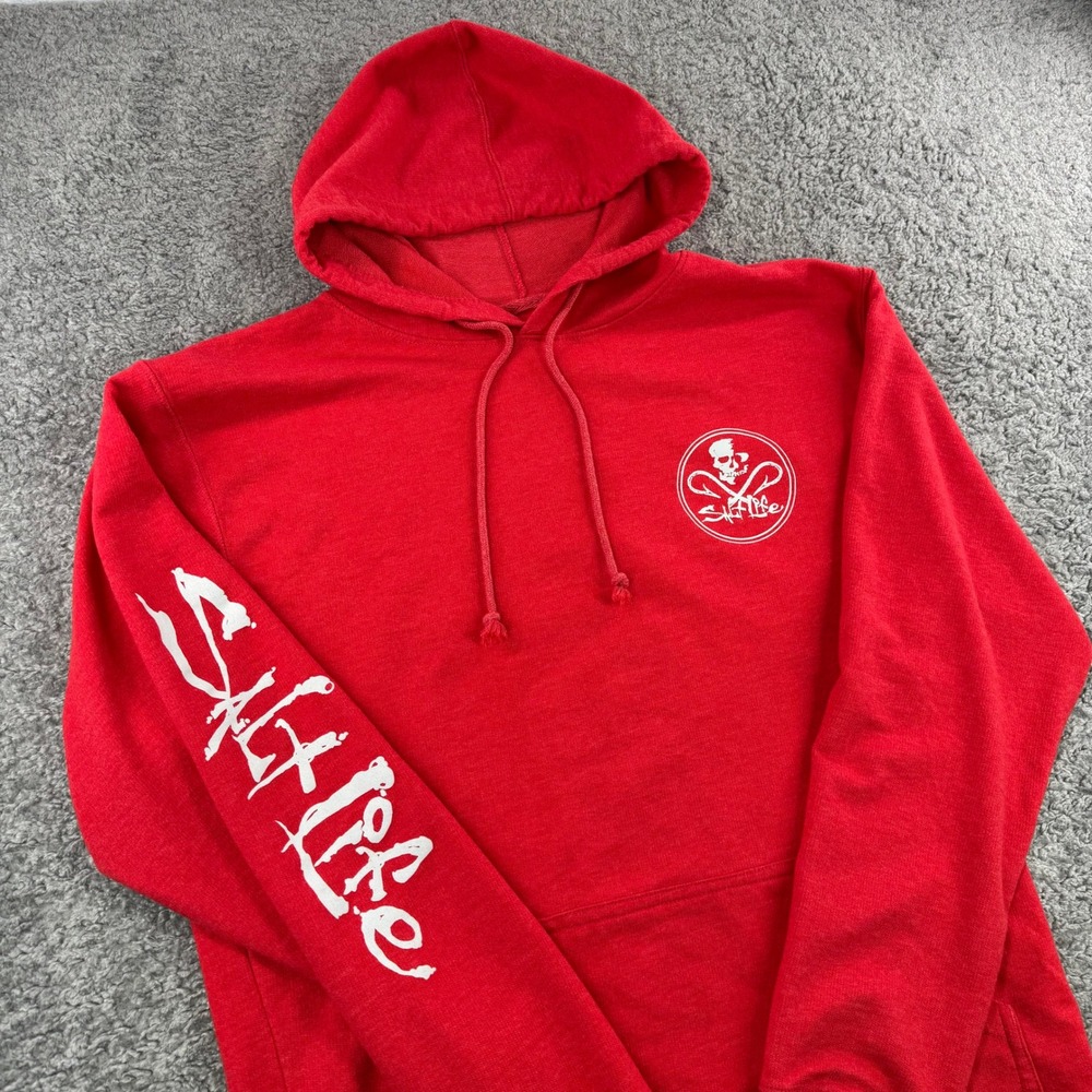 Salt Life Mens Red Pullover Hoodie Skull Fish Hooks Graphic Sleeve Logo XL Beach